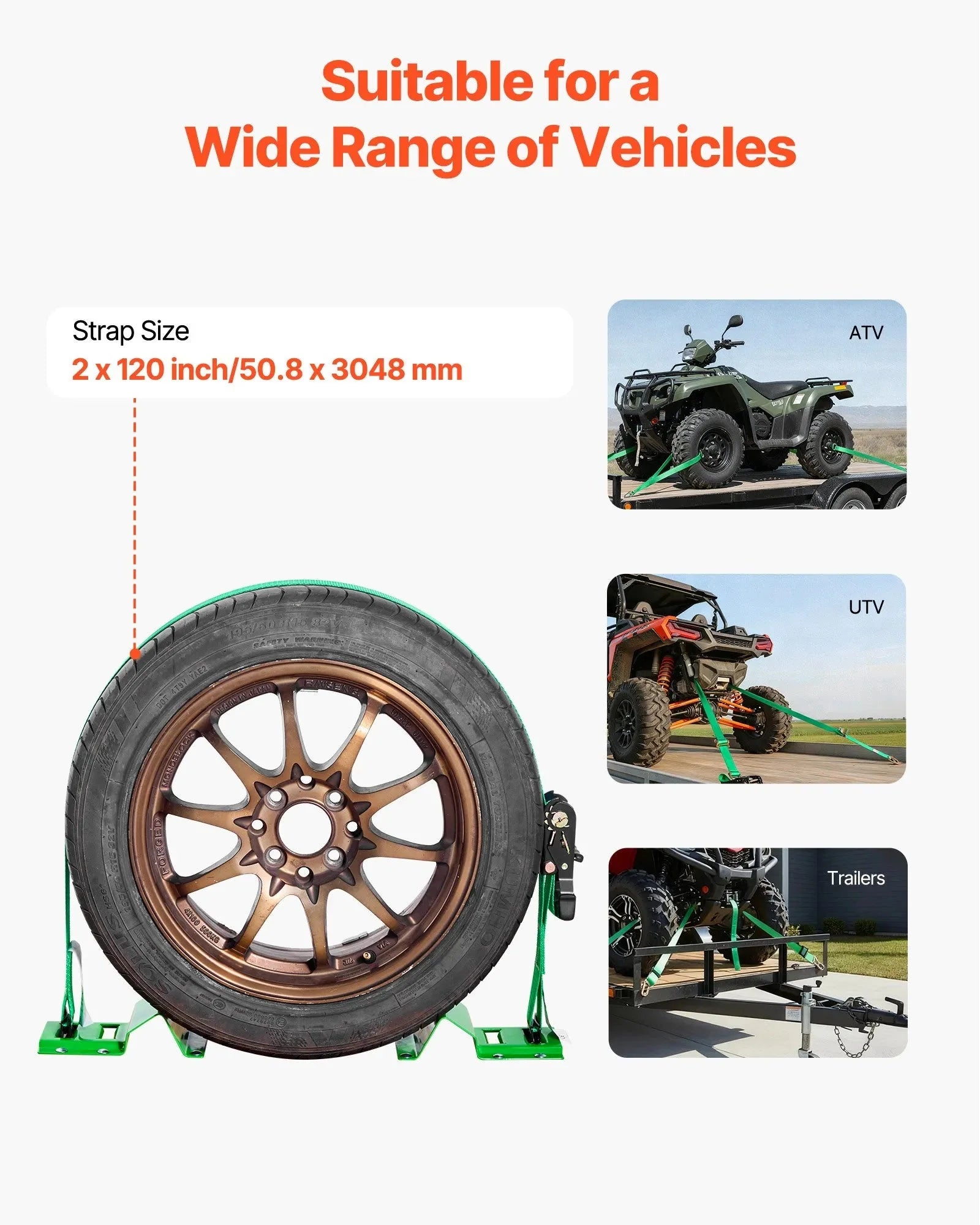 VEVOR Wheel Chock Tie-Down Kit, Chock-Style Trailer Tie Down Strap, Car Tie Down Kit with Buckle, Break Strength 4380 lbs & Working Load 1460 lbs Motorcycle Tie-Down System E-Hooks for ATVs, UTVs