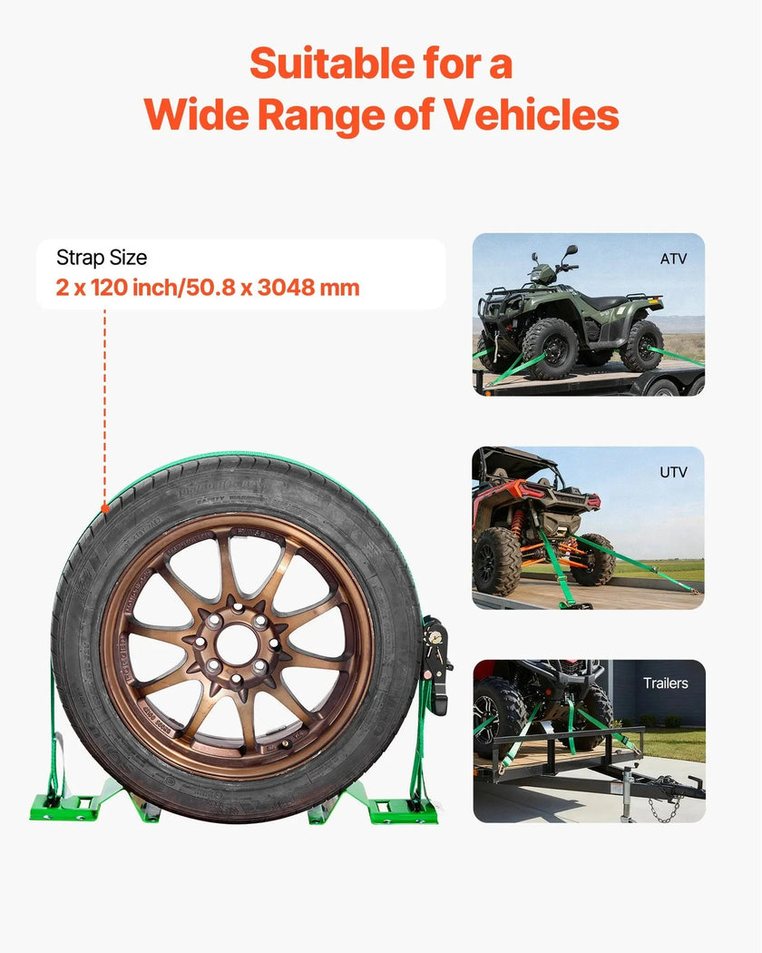VEVOR Wheel Chock Tie-Down Kit, Chock-Style Trailer Tie Down Strap, Car Tie Down Kit with Buckle, Break Strength 4380 lbs & Working Load 1460 lbs Motorcycle Tie-Down System E-Hooks for ATVs, UTVs