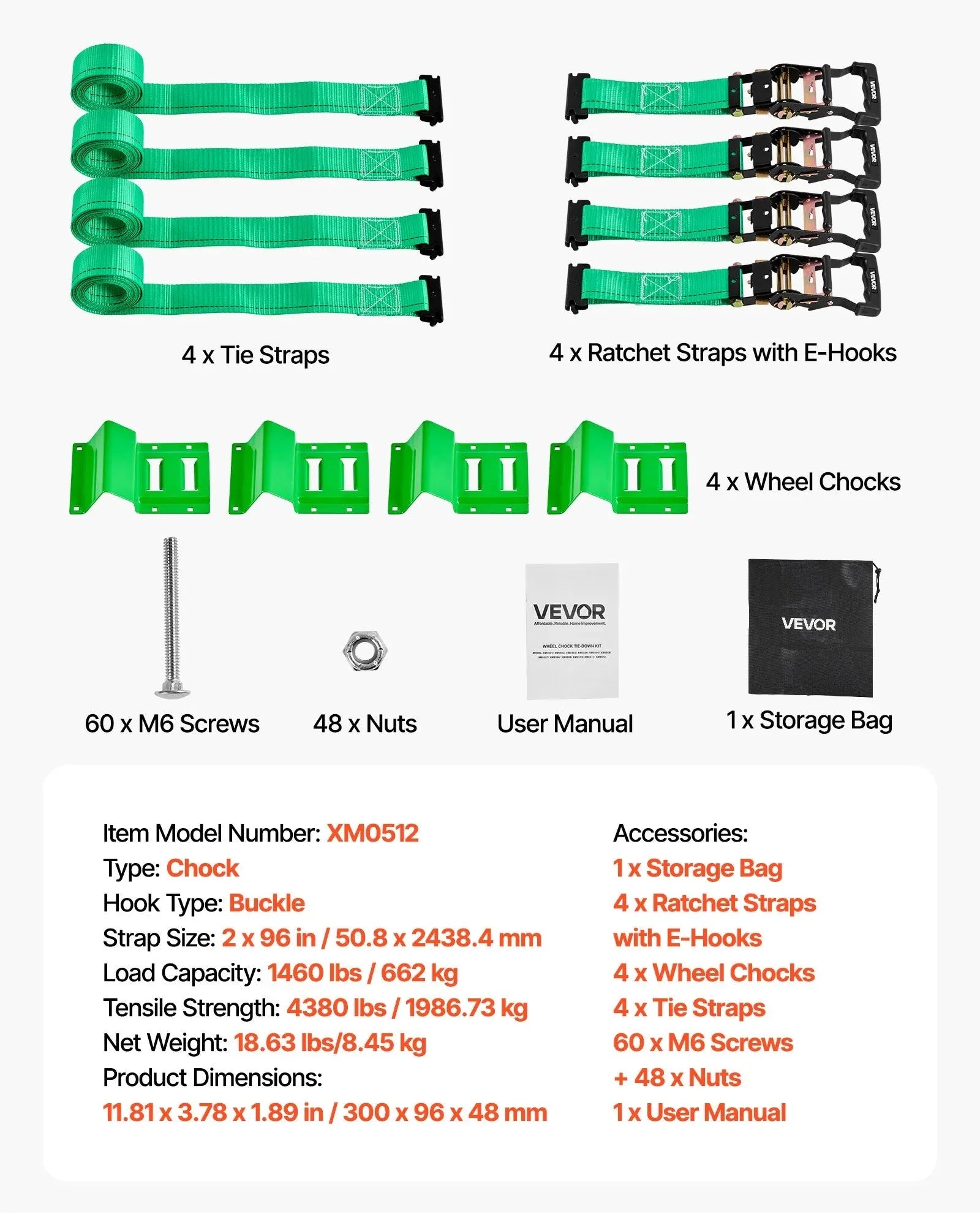 VEVOR Wheel Chock Tie-Down Kit, Chock-Style Trailer Tie Down Strap, Car Tie Down Kit with Buckle, Break Strength 4380 lbs & Working Load 1460 lbs Motorcycle Tie-Down System E-Hooks for ATVs, UTVs
