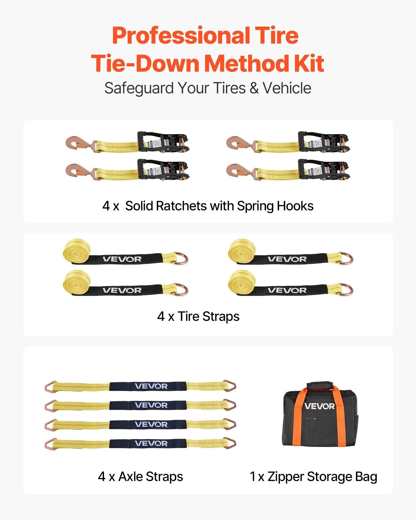 VEVOR Wheel Chock Tie-Down Kit, Tire-Style Trailer Tie Down Strap, Car Tie Down Kit with Spring Hook, Break Strength 10009 lbs & Working Load 3333 lbs Motorcycle Tie-Down System for ATV, SUV, Trailer