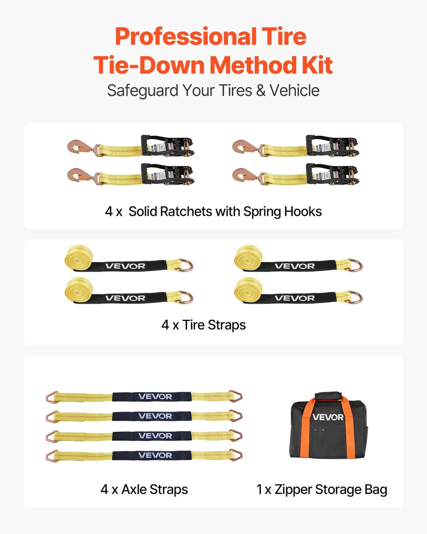 VEVOR Wheel Chock Tie-Down Kit, Tire-Style Trailer Tie Down Strap, Car Tie Down Kit with Spring Hook, Break Strength 10009 lbs & Working Load 3333 lbs Motorcycle Tie-Down System for ATV, SUV, Trailer