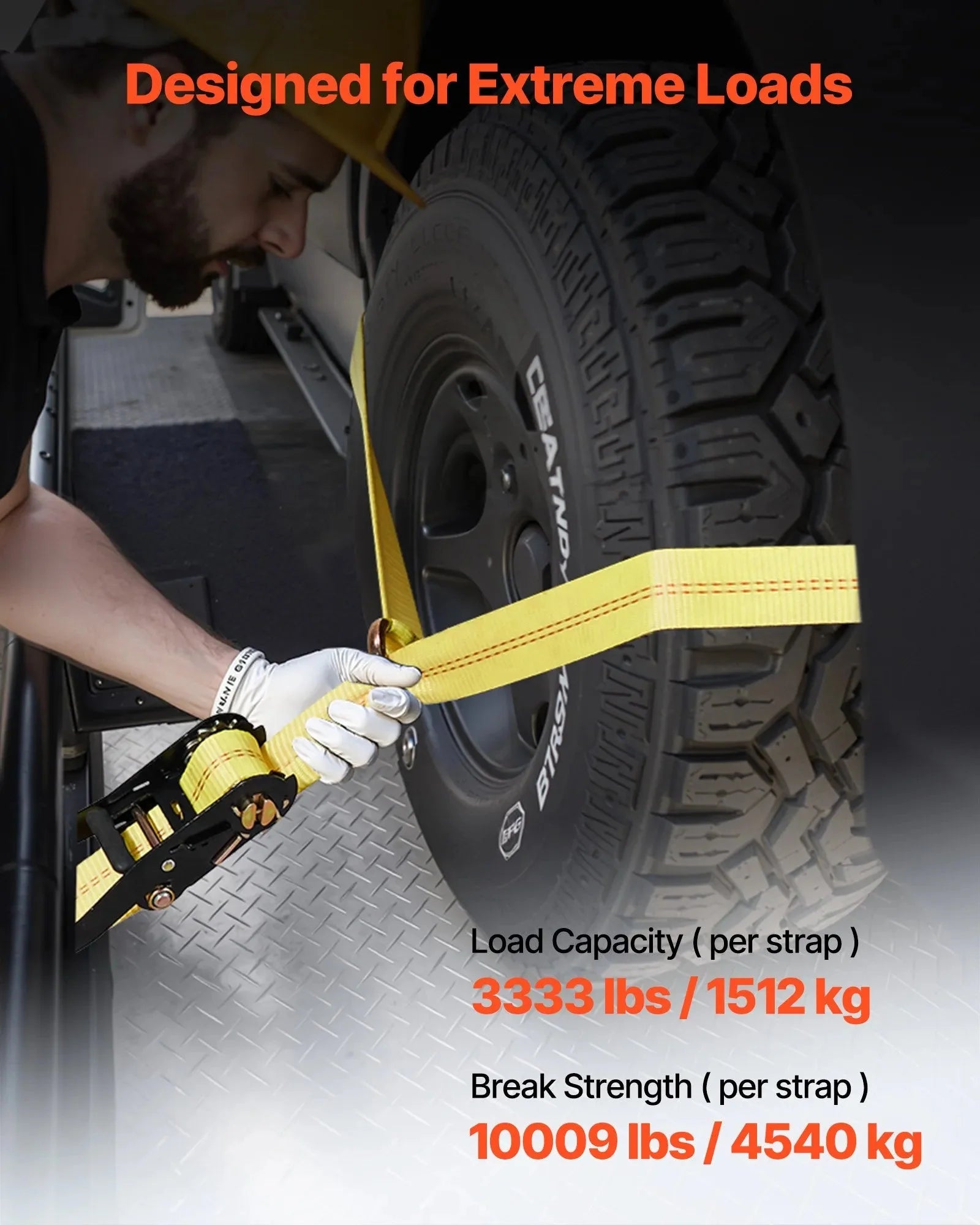 VEVOR Wheel Chock Tie-Down Kit, Tire-Style Trailer Tie Down Strap, Car Tie Down Kit with Spring Hook, Break Strength 10009 lbs & Working Load 3333 lbs Motorcycle Tie-Down System for ATV, SUV, Trailer