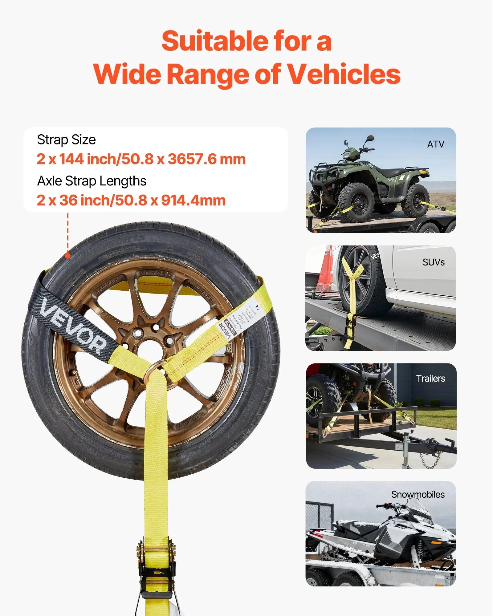 VEVOR Wheel Chock Tie-Down Kit, Tire-Style Trailer Tie Down Strap, Car Tie Down Kit with Spring Hook, Break Strength 10009 lbs & Working Load 3333 lbs Motorcycle Tie-Down System for ATV, SUV, Trailer