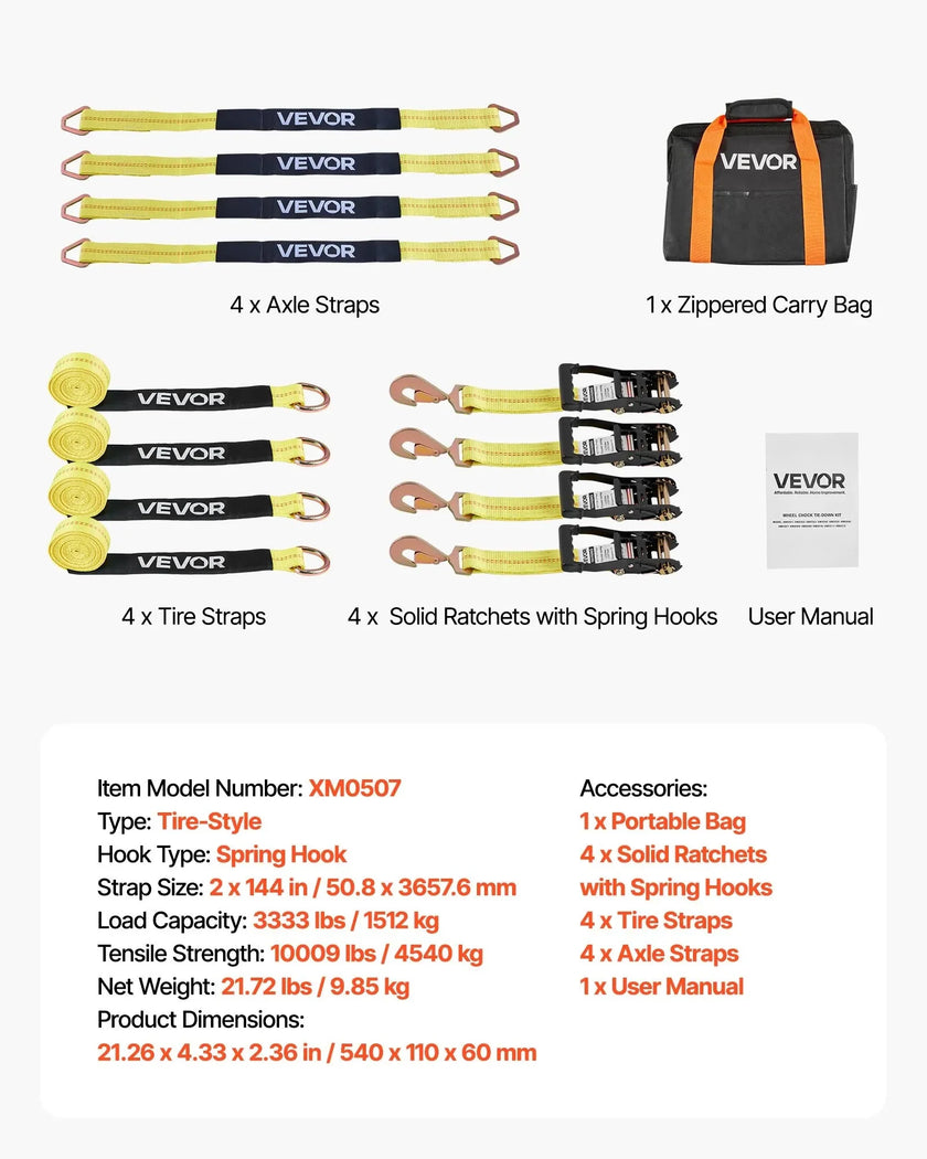 VEVOR Wheel Chock Tie-Down Kit, Tire-Style Trailer Tie Down Strap, Car Tie Down Kit with Spring Hook, Break Strength 10009 lbs & Working Load 3333 lbs Motorcycle Tie-Down System for ATV, SUV, Trailer