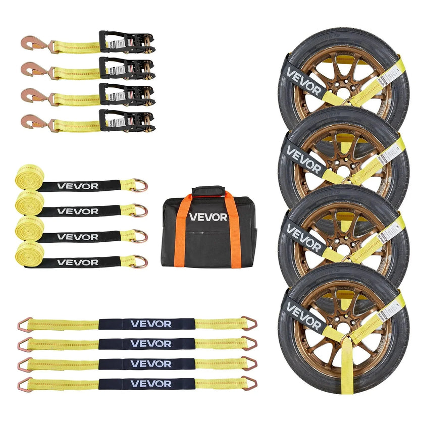 VEVOR Wheel Chock Tie-Down Kit, Tire-Style Trailer Tie Down Strap, Car Tie Down Kit with Spring Hook, Break Strength 10009 lbs & Working Load 3333 lbs Motorcycle Tie-Down System for ATV, SUV, Trailer