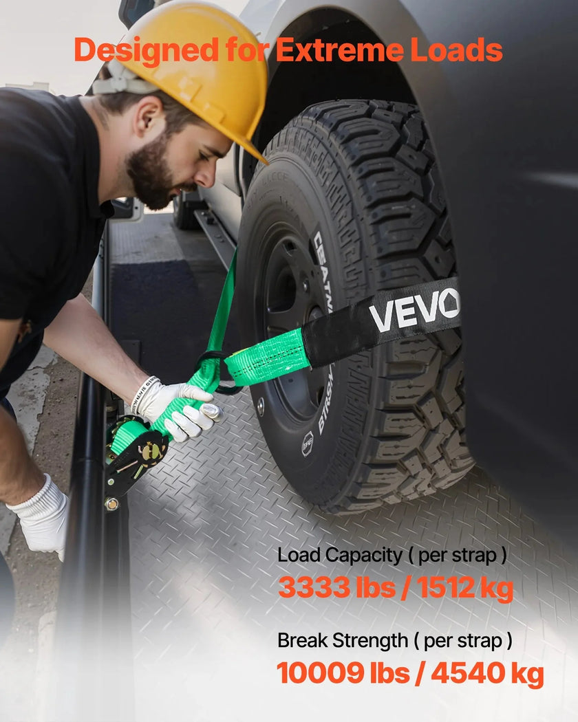 VEVOR Wheel Chock Tie-Down Kit, Tire-Style Tow Dolly Strap, Car Tie Down Kit with Heavy-Duty Hook, Break Strength 10009 lbs & Working Load 3333 lbs Motorcycle Tie-Down System with O-Ring for ATV, SUV
