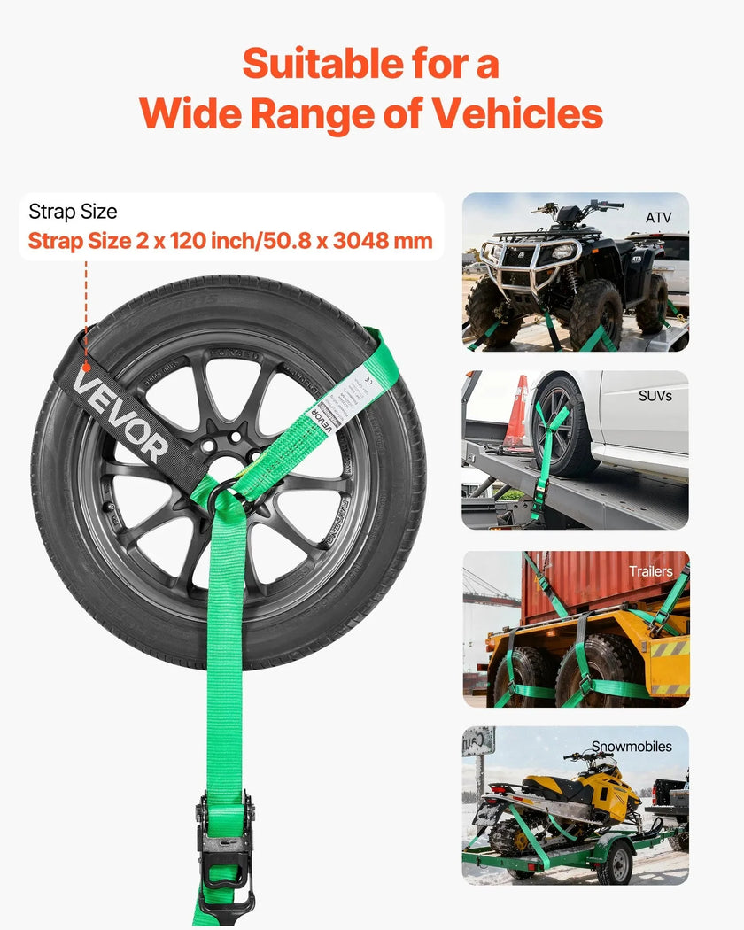 VEVOR Wheel Chock Tie-Down Kit, Tire-Style Tow Dolly Strap, Car Tie Down Kit with Heavy-Duty Hook, Break Strength 10009 lbs & Working Load 3333 lbs Motorcycle Tie-Down System with O-Ring for ATV, SUV
