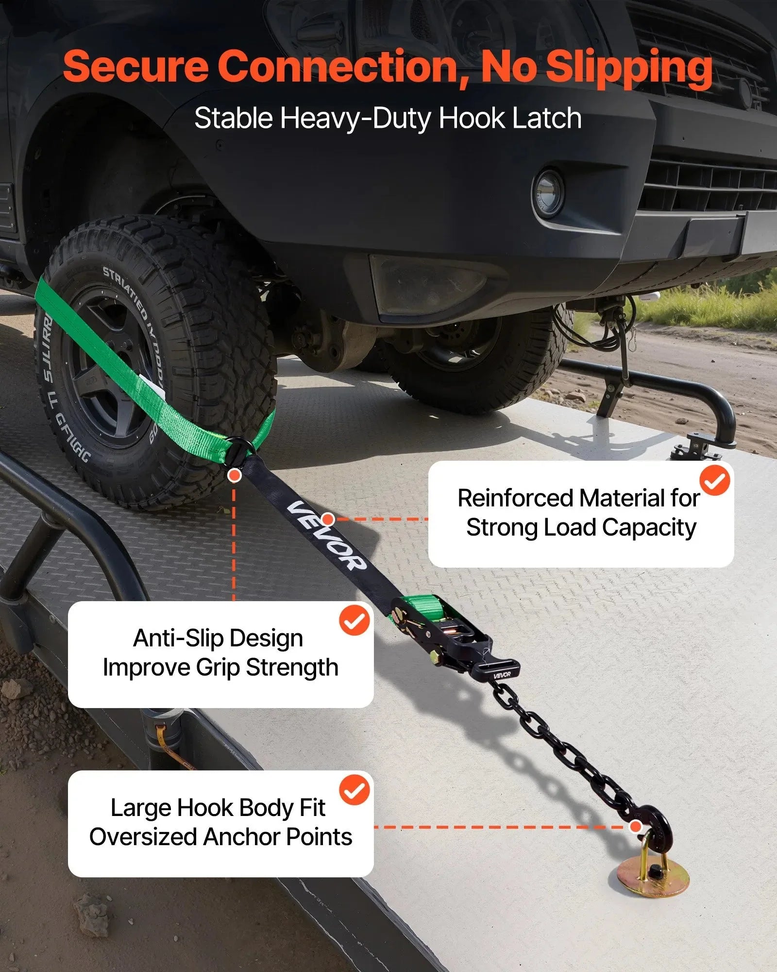 VEVOR Wheel Chock Tie-Down Kit, Tire-Style Tow Dolly Strap, Car Tie Down Kit with Heavy-Duty Hook, Break Strength 10009 lbs & Working Load 3333 lbs Motorcycle Tie-Down System with O-Ring for ATV, SUV