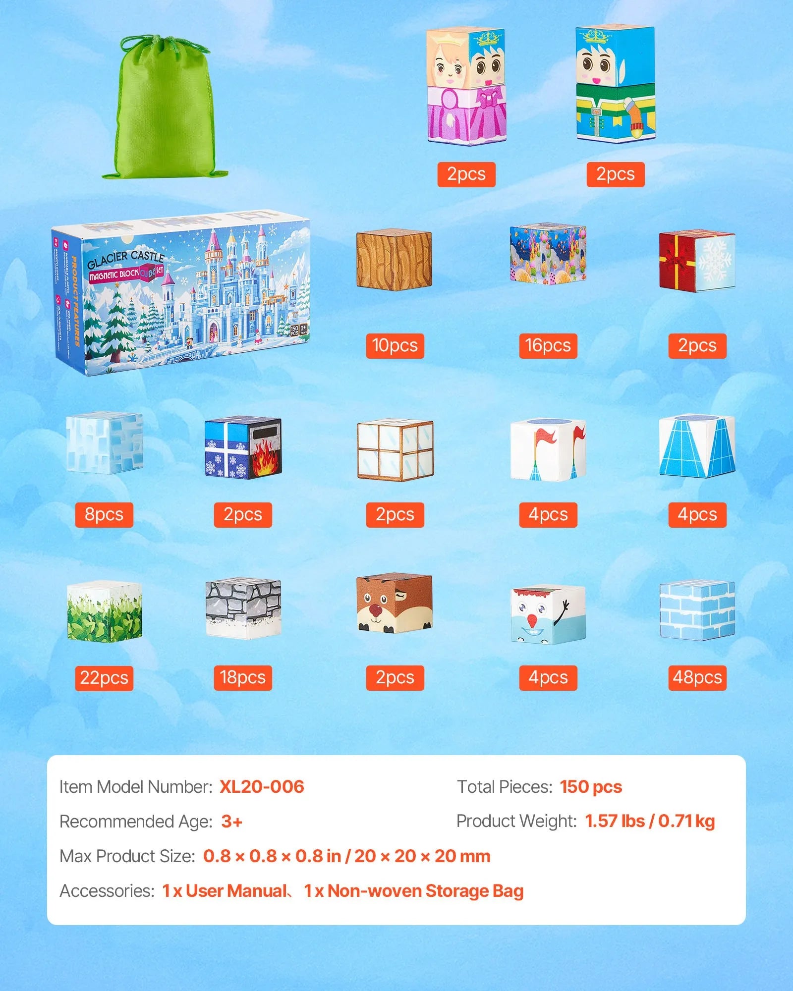 VEVOR Magnetic Blocks 150 PCS Glacier Castle Set STEM Montessori Sensory Toys