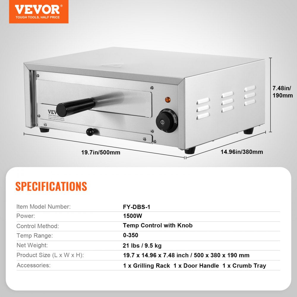VEVOR Electric Pizza Oven 12-inch 1500W 122-662? Temp Range Removable Crumb Tray