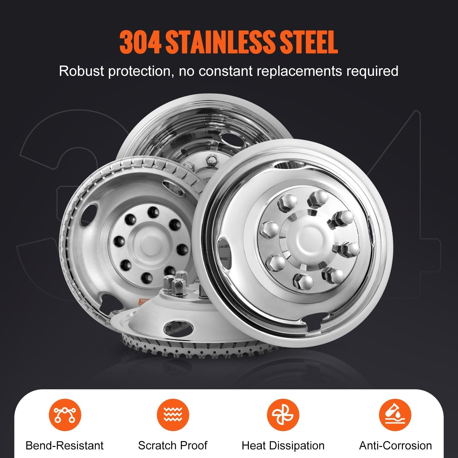 VEVOR 16-inch 8 Lug Wheel Simulators, 304 Stainless Steel Wheel Simulator Kit with Mirror Polished Finish, 2 Front and 2 Rear Wheel Covers Fit for Ford F350 (1974-1998), 4 pcs