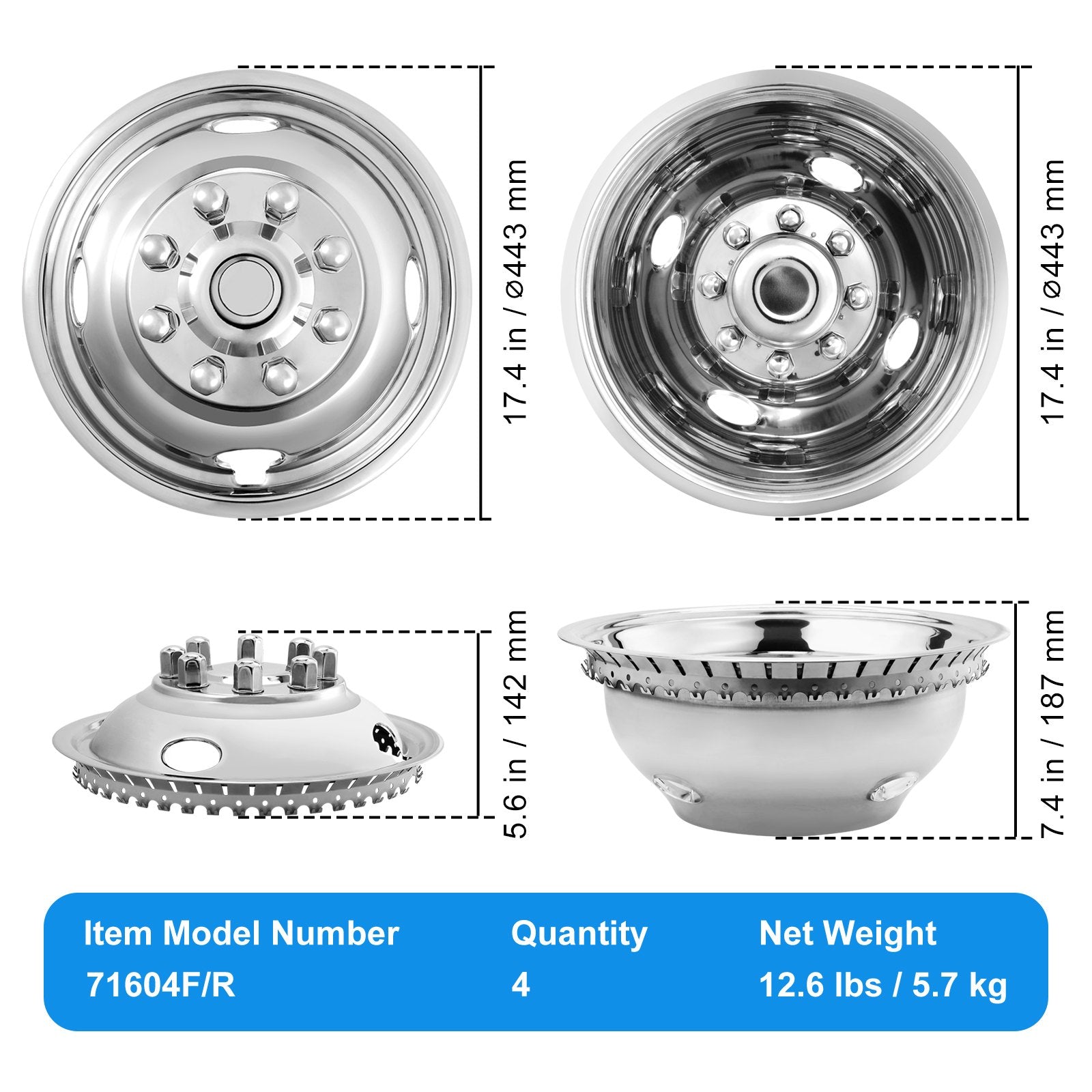VEVOR 16-inch 8 Lug Wheel Simulators, 304 Stainless Steel Wheel Simulator Kit with Mirror Polished Finish, 2 Front and 2 Rear Wheel Covers Fit for Ford F350 (1974-1998), 4 pcs