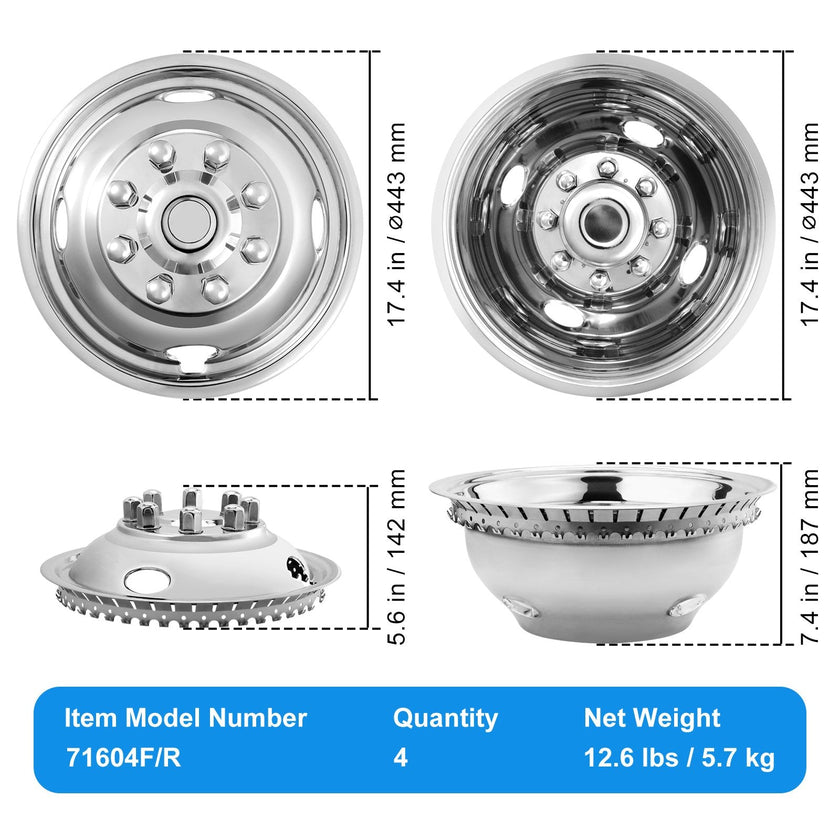 VEVOR 16-inch 8 Lug Wheel Simulators, 304 Stainless Steel Wheel Simulator Kit with Mirror Polished Finish, 2 Front and 2 Rear Wheel Covers Fit for Ford F350 (1974-1998), 4 pcs
