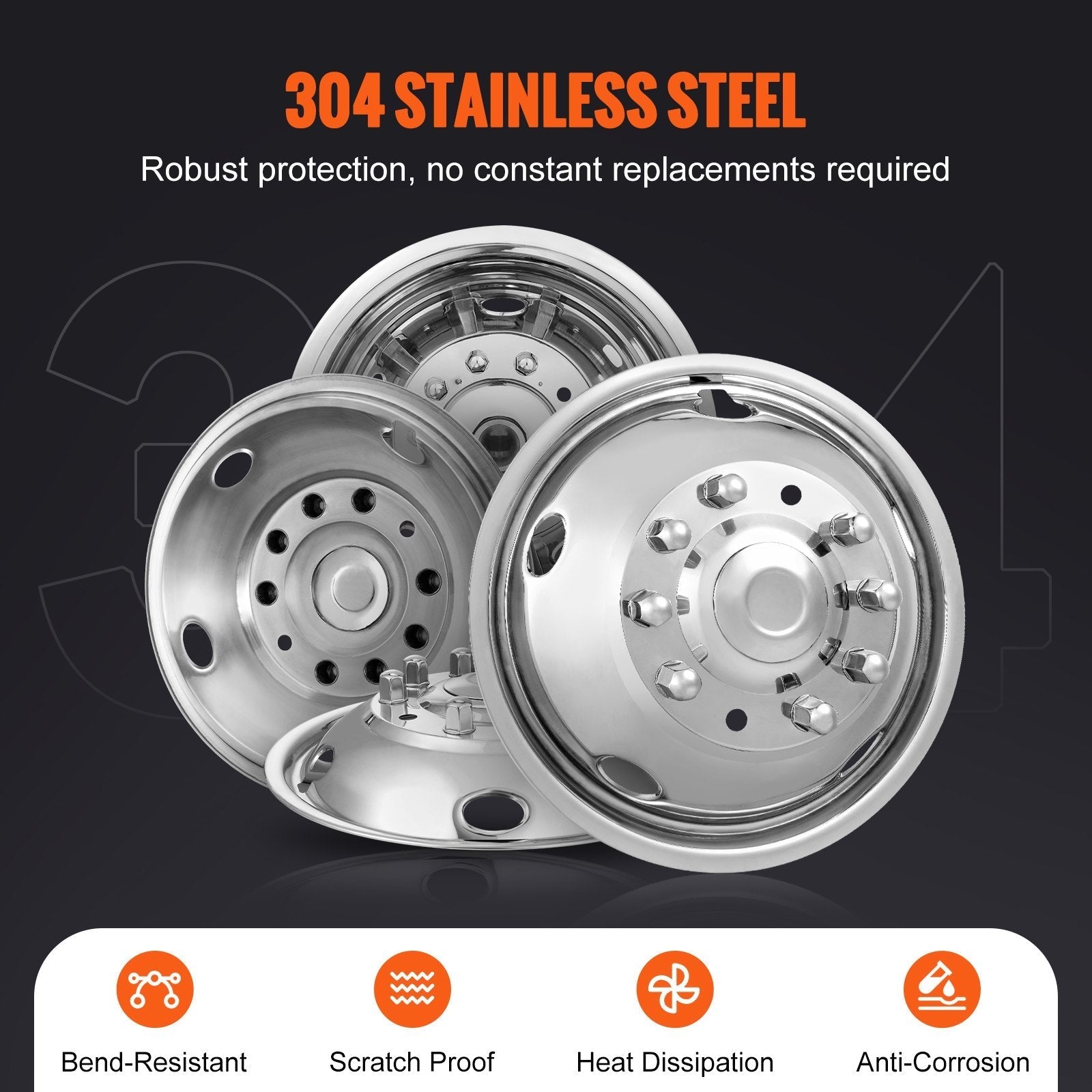 VEVOR 19.5-inch 10 Lug Wheel Simulators, 304 Stainless Steel Wheel Simulator Kit with Mirror Polished Finish, 2 Front and 2 Rear Wheel Covers Fit for Ford F450/F550 (2005-2020), 4 pcs