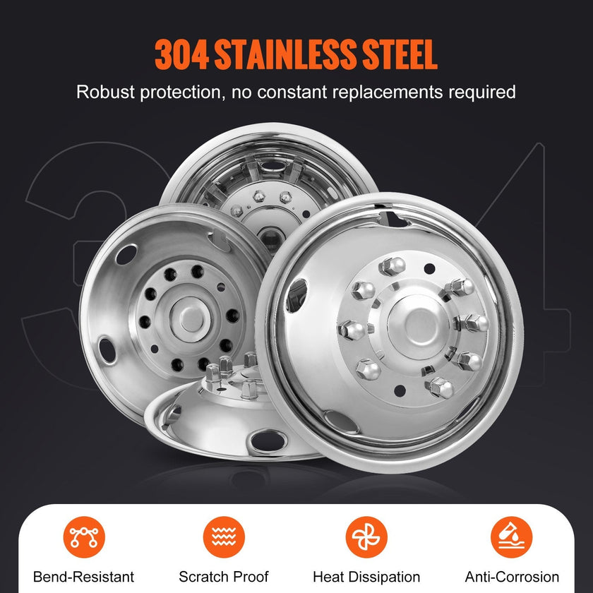 VEVOR 19.5-inch 10 Lug Wheel Simulators, 304 Stainless Steel Wheel Simulator Kit with Mirror Polished Finish, 2 Front and 2 Rear Wheel Covers Fit for Ford F450/F550 (2005-2020), 4 pcs