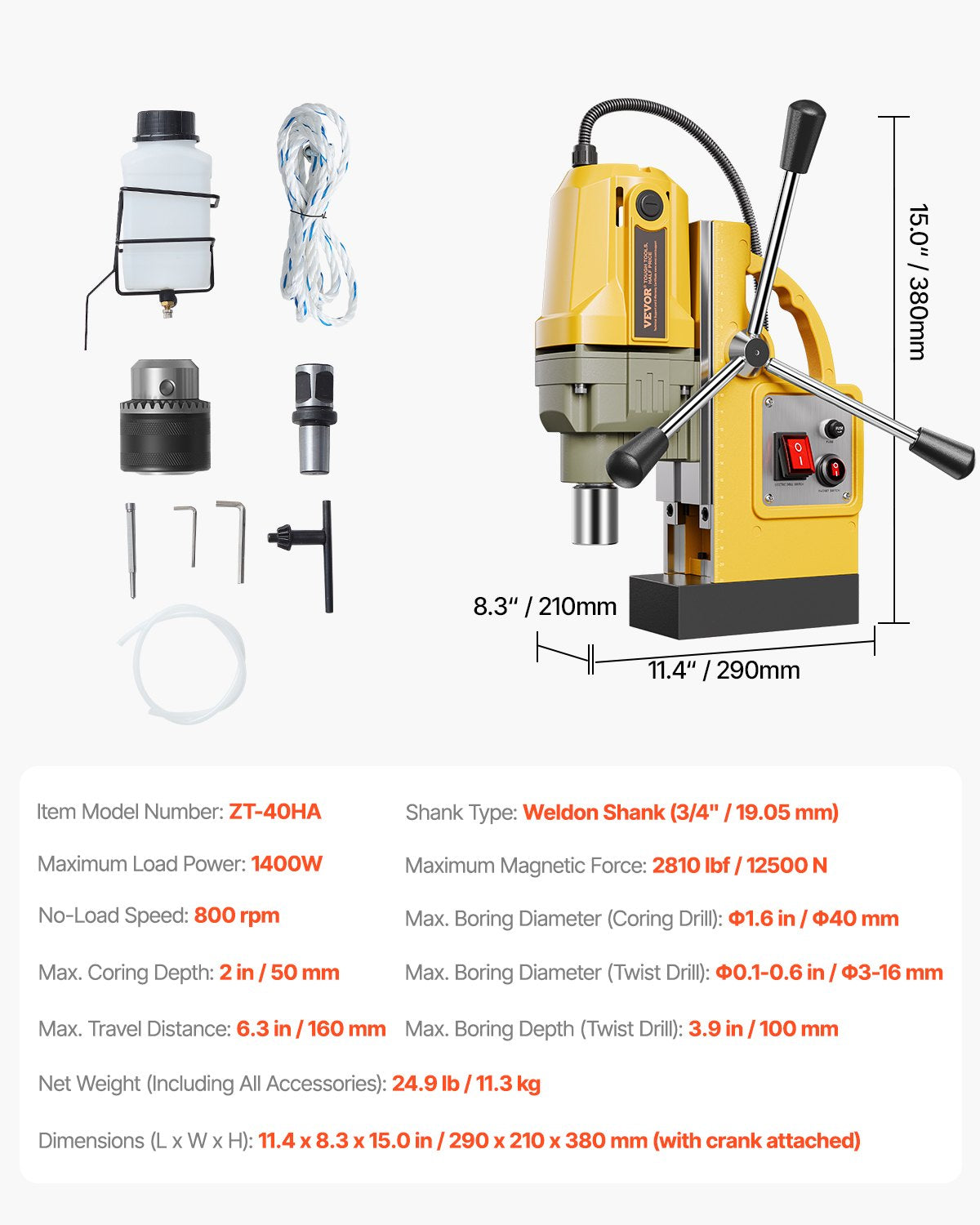 Magnetic Drill 1400W 2810 lbf Mag Drill Press 1.6 in Boring Diameter 800 RPM