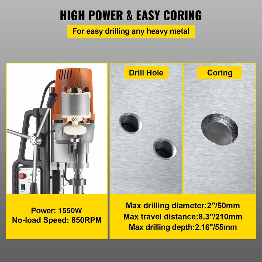 1680W MD50 Magnetic Drill 850 RPM Spindle Speed Electric Magnetic Drilling System with 2 Inch Boring Diameter and 2900 LBS Magnet Force
