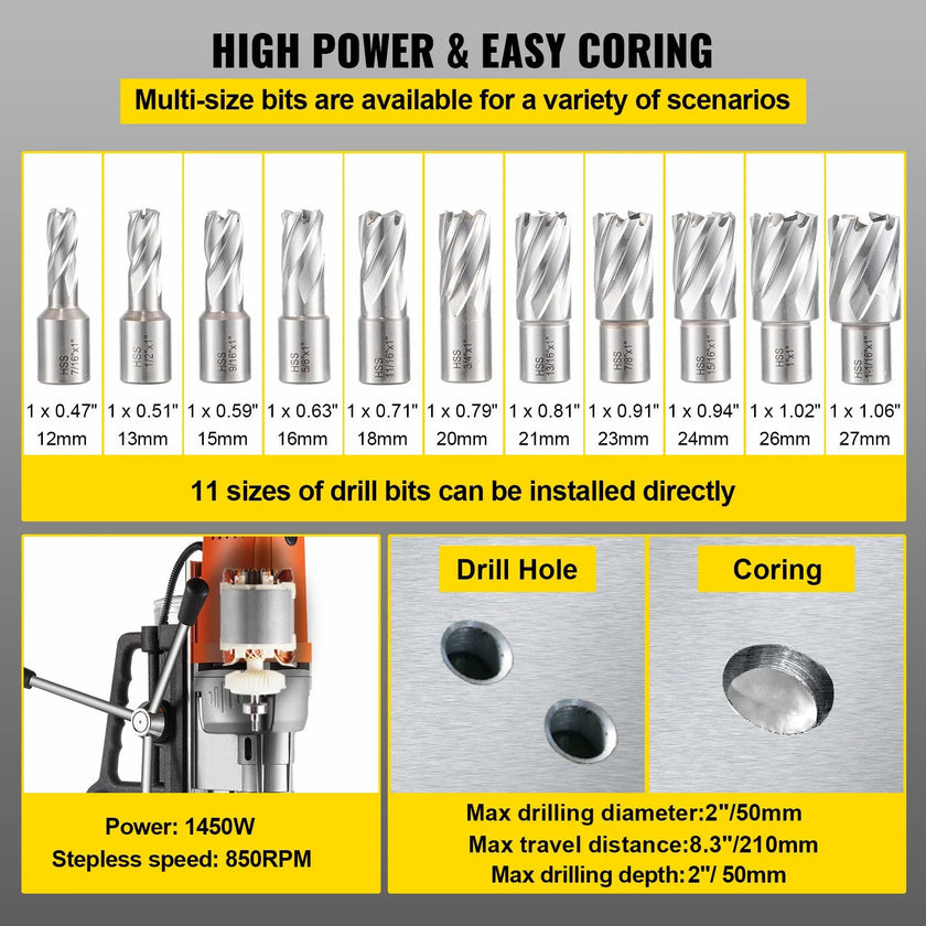VEVOR Magnetic Drill Press With 13pc 1inch HSS Cutter Kit Md50