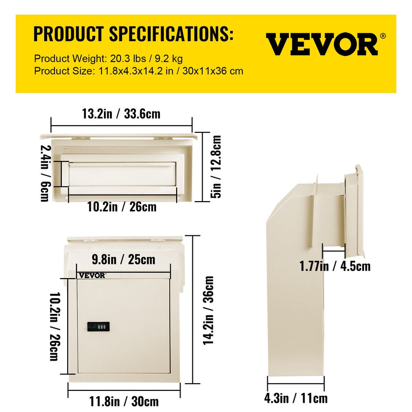 VEVOR Through-The-Door Locking Drop Box Door Drop Box 11.8''x4.3''x14.2'' Beige