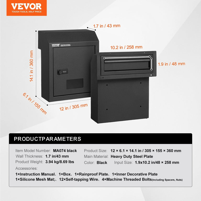 VEVOR Through The Door Key Drop Box, Heavy Duty Steel Through the Door Mailbox with 12