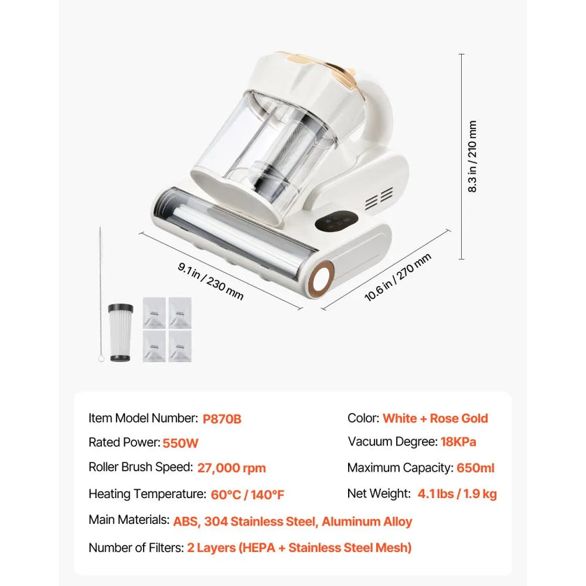 VEVOR Mattress Vacuum Cleaner with 18Kpa Powerful Suction HEPA Filter 550W White