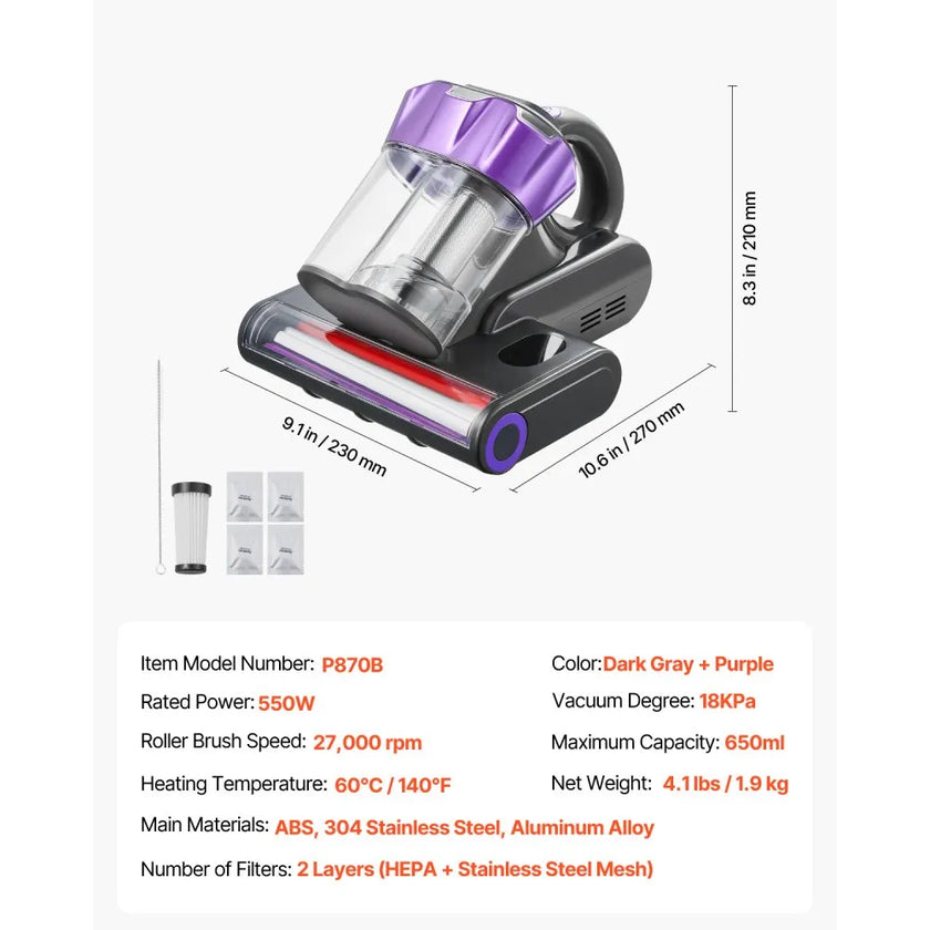 VEVOR Mattress Vacuum Cleaner with 18Kpa Powerful Suction HEPA Filter 550W Gray