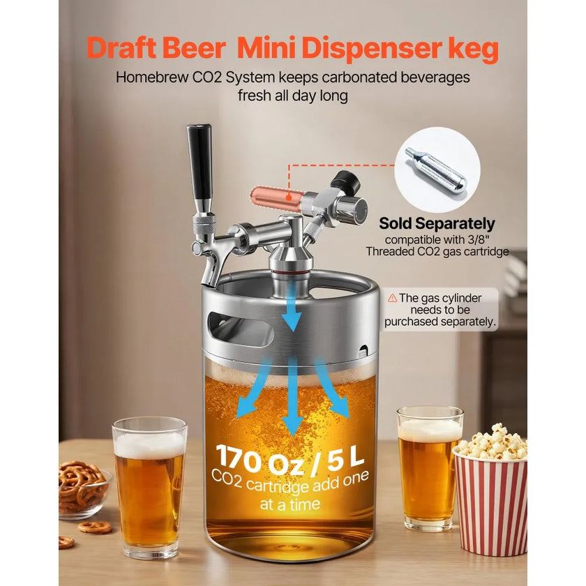 170oz Mini Keg Growler Tap System | 5L Stainless Steel Pressurized Beer Dispenser with CO₂ Regulator