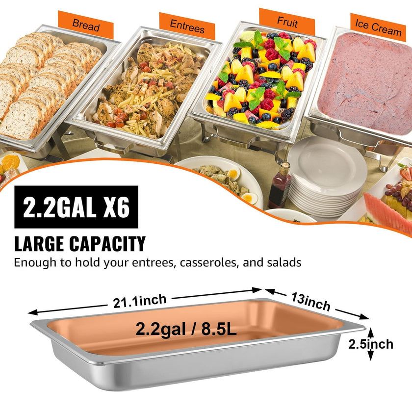 VEVOR Hotel Pan 2.5 Deep 6 Packs Steam Table Pan Full Size 9 Quart Stainless Steel Steam Table Pan