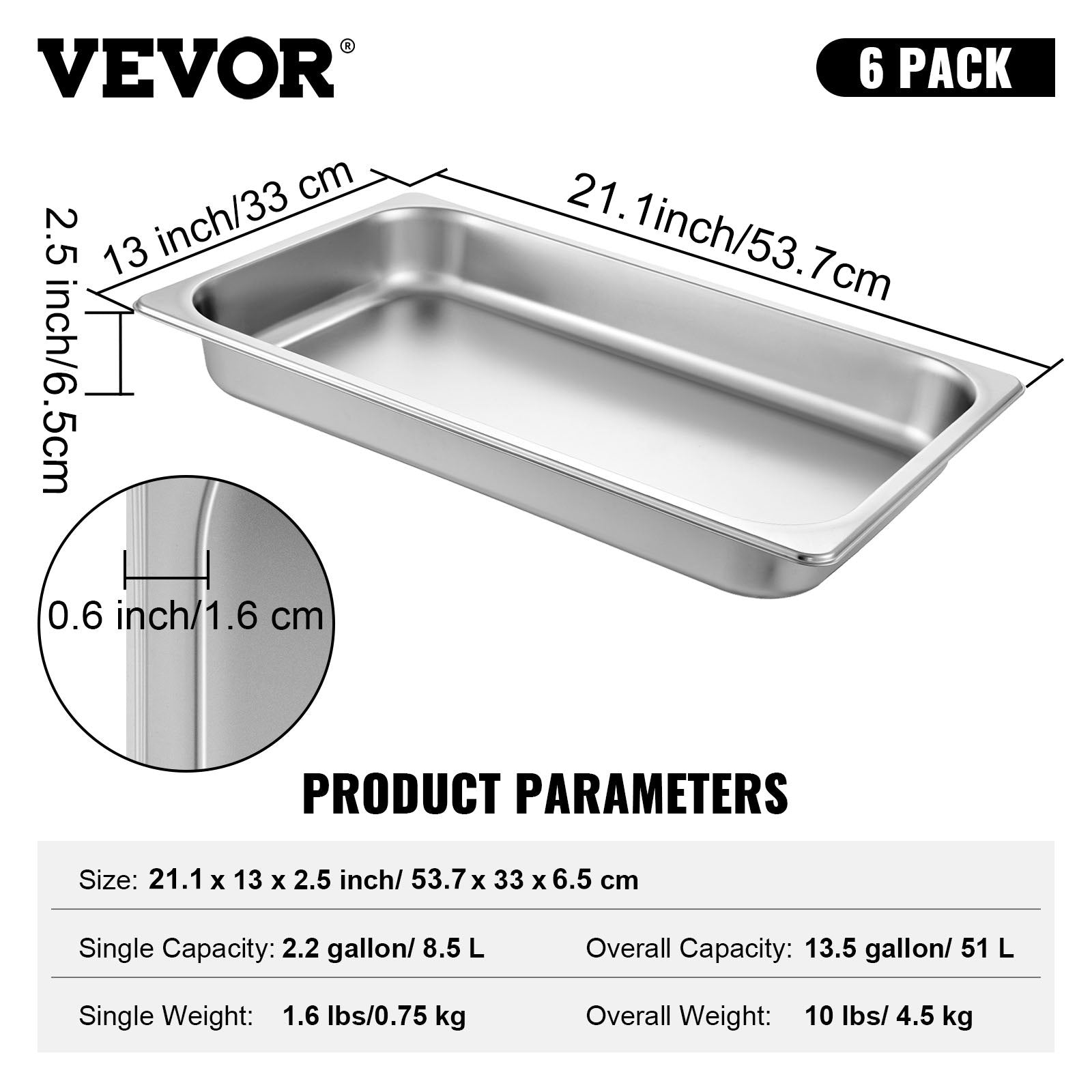 VEVOR Hotel Pan 2.5 Deep 6 Packs Steam Table Pan Full Size 9 Quart Stainless Steel Steam Table Pan