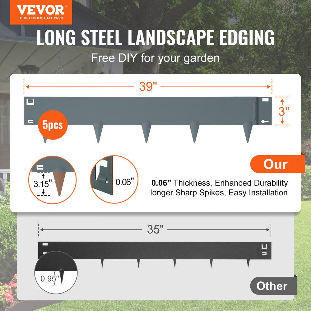VEVOR Steel Landscape Edging, 5-pack Steel Garden Edging Borders, 39
