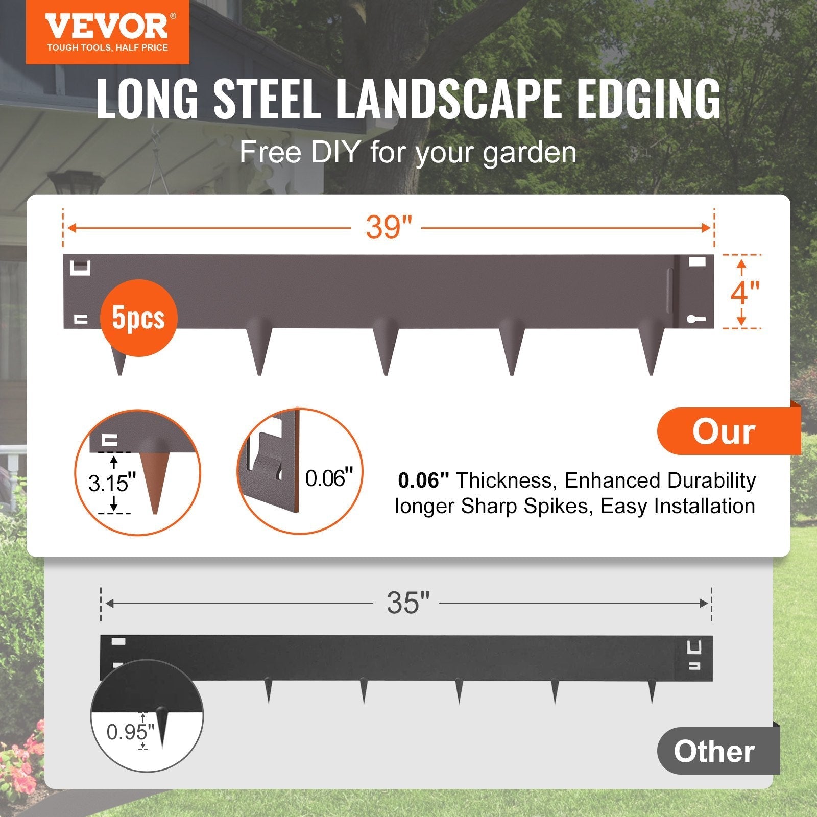 VEVOR Steel Landscape Edging, 5-pack Steel Garden Edging Borders, 39