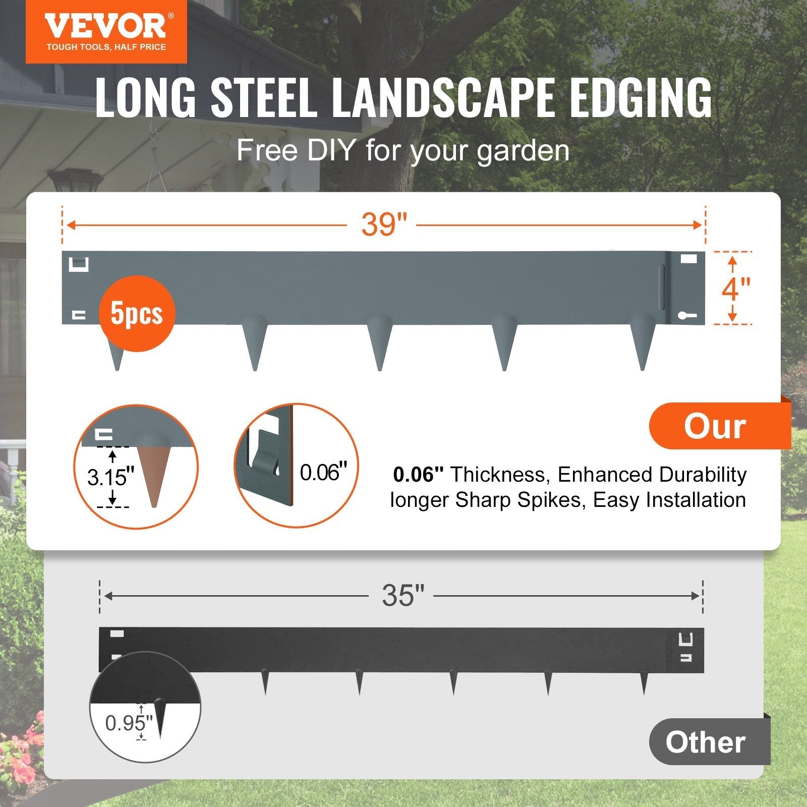 VEVOR Steel Landscape Edging, 5-pack Steel Garden Edging Borders, 39