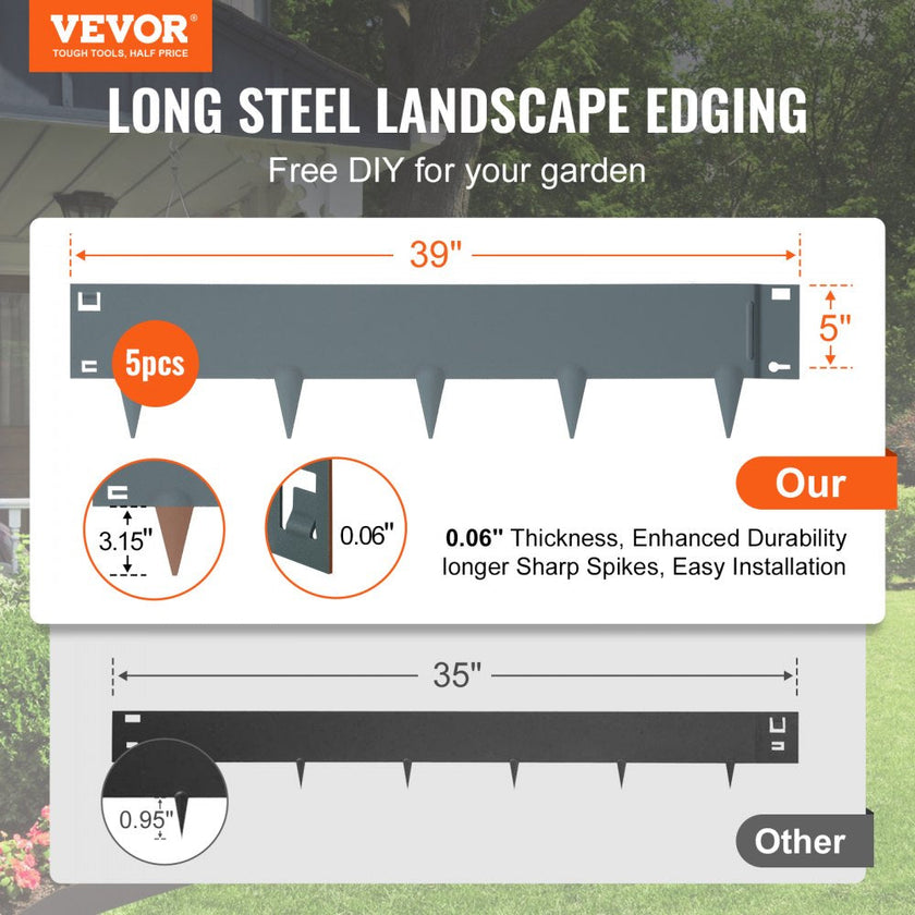VEVOR Steel Landscape Edging, 5-pack Steel Garden Edging Borders, 39