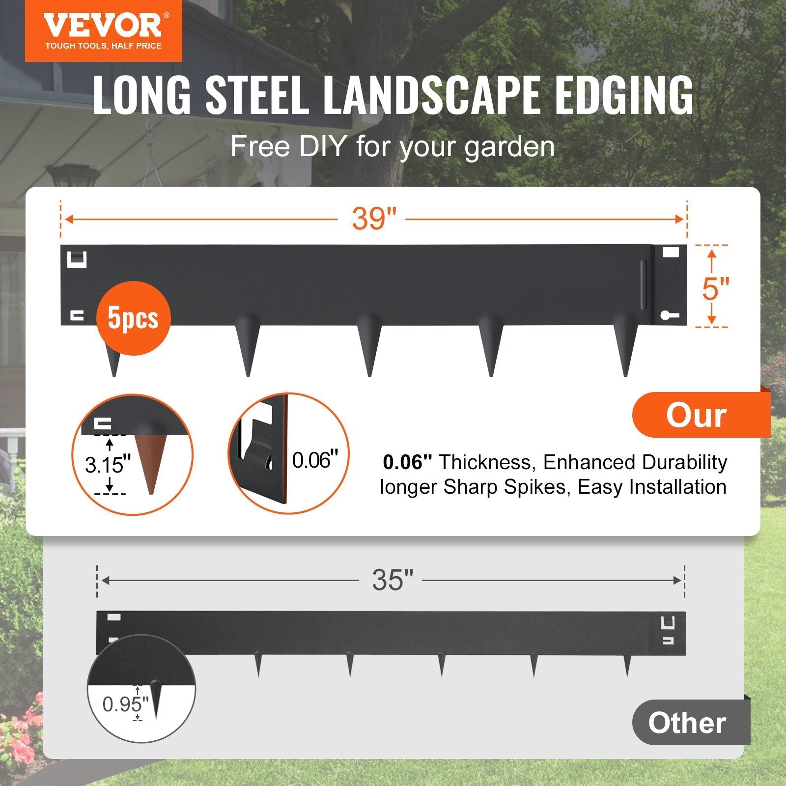 VEVOR Steel Landscape Edging, 5-pack Steel Garden Edging Borders, 39