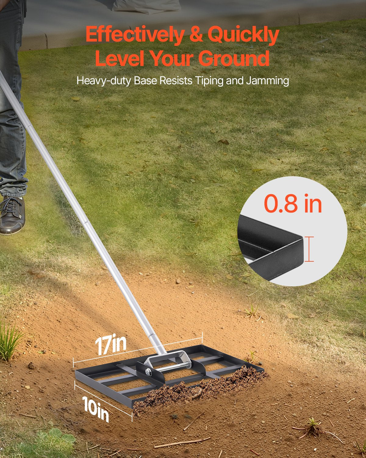 VEVOR 10x17in Lawn Leveling Rake 78 in Adjustable Handle for Yard Golf Court