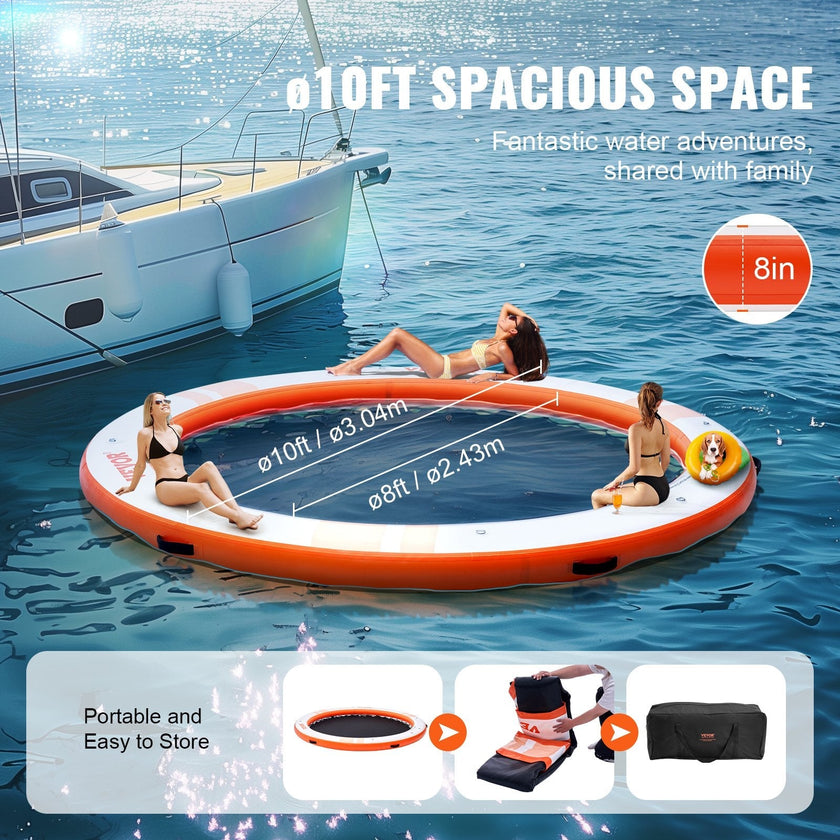 VEVOR Inflatable Floating Dock, ø10FT Inflatable Dock Platform with ø8FT Trampoline Mesh Pool, Non-Slip Floating Platform Water Mat with Portable Bag & Detachable Ladder for Pool Beach Relaxation