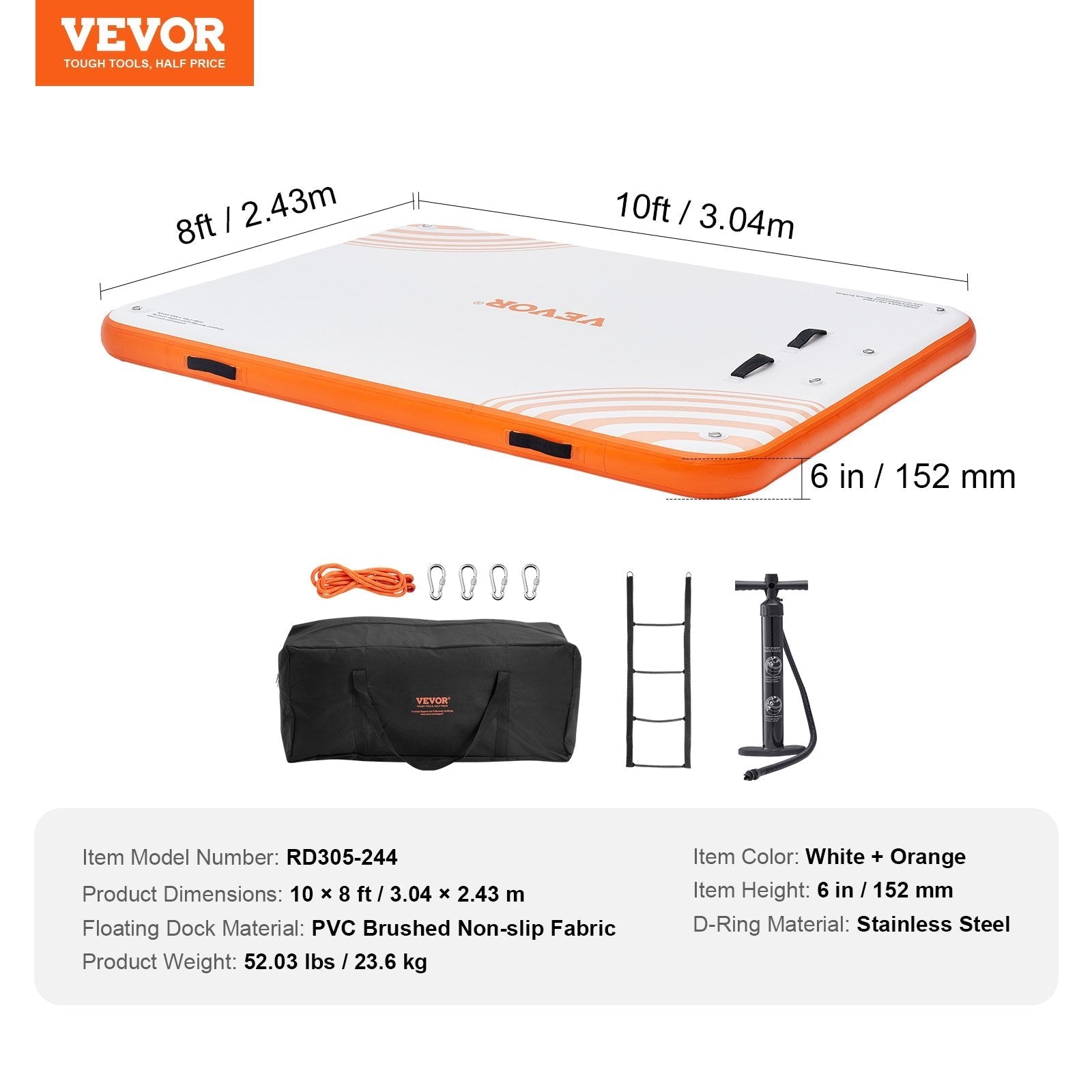 VEVOR Inflatable Floating Dock, 10 x 8FT Inflatable Dock Platform, Non-Slip Water Floating Dock Mat with Portable Carrying Bag & Detachable Ladder, Floating Platform Island Raft for Pool Beach Ocean