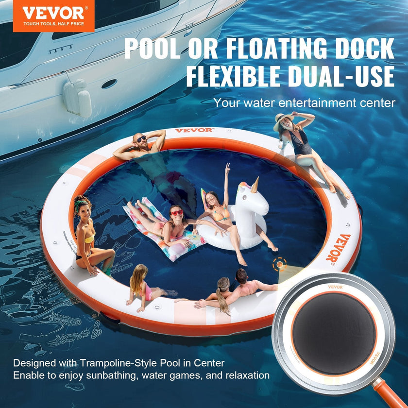 VEVOR Inflatable Floating Dock, ø8FT Inflatable Dock Platform with ø5FT Trampoline Mesh Pool, Non-Slip Floating Platform Water Mat with Portable Bag & Detachable Ladder for Pool Beach Relaxation