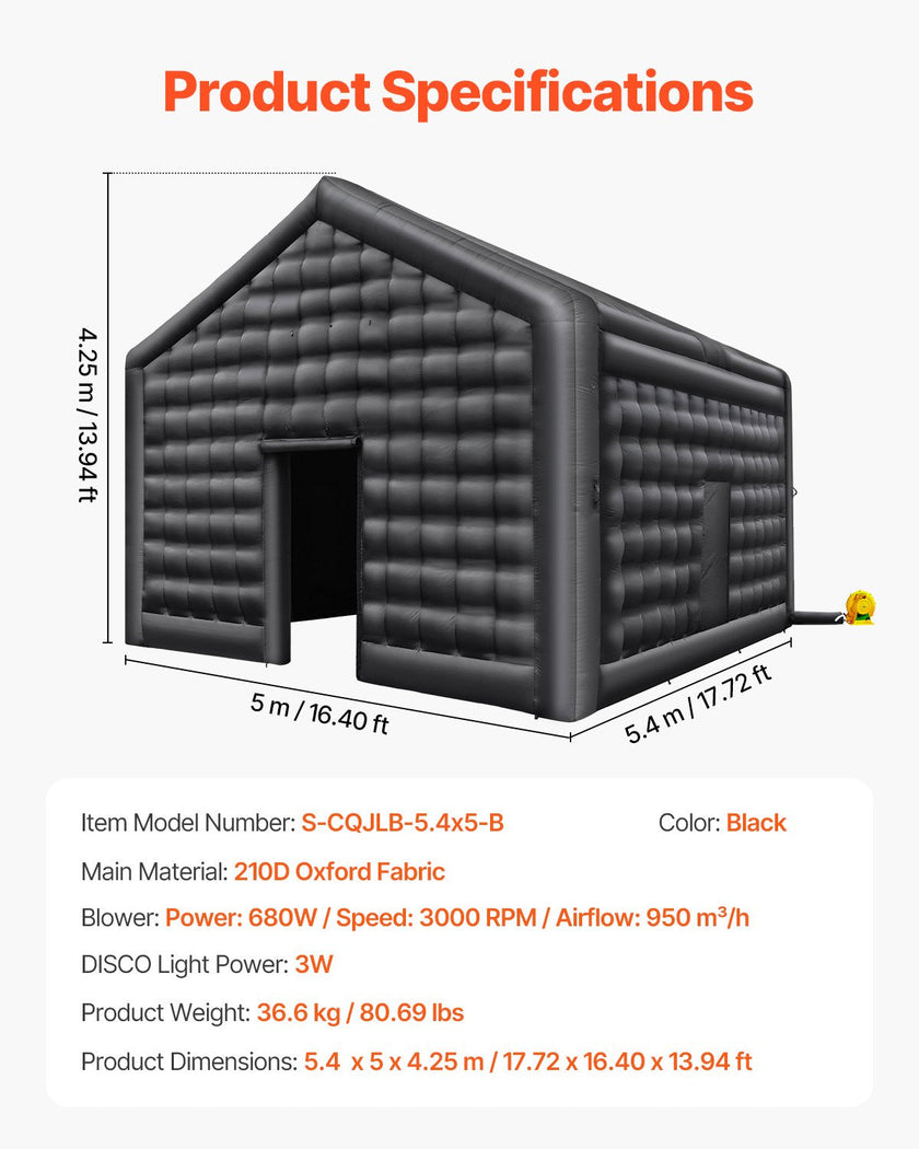 VEVOR Inflatable Nightclub 17.7 x 16.4 x 13.9 Ft Blow up Party Tent with Lights