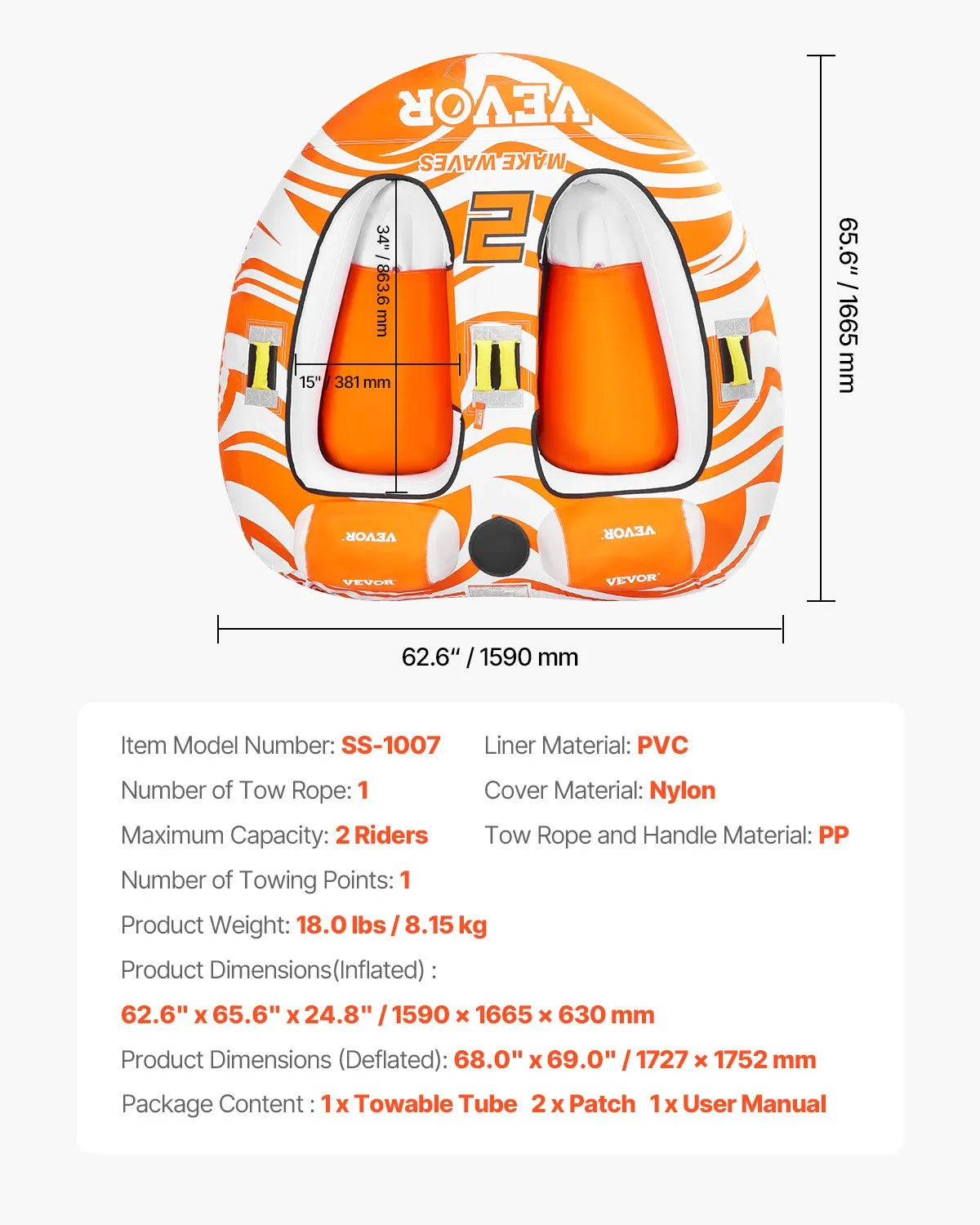VEVOR Towable Tubes for Boating 2-Person Inflatable Boat Towable with 2 Cockpits