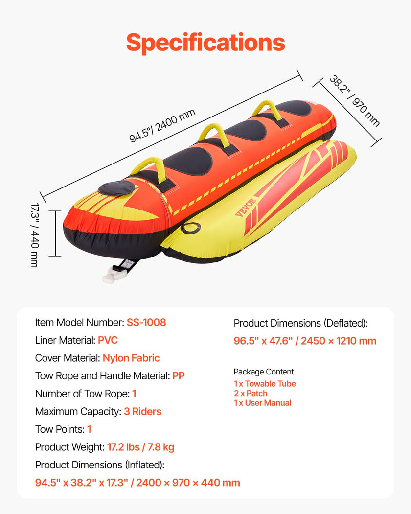 VEVOR Towable Tubes for Boating 1-3 Riders Inflatable Boat Tubes Towables 510lbs