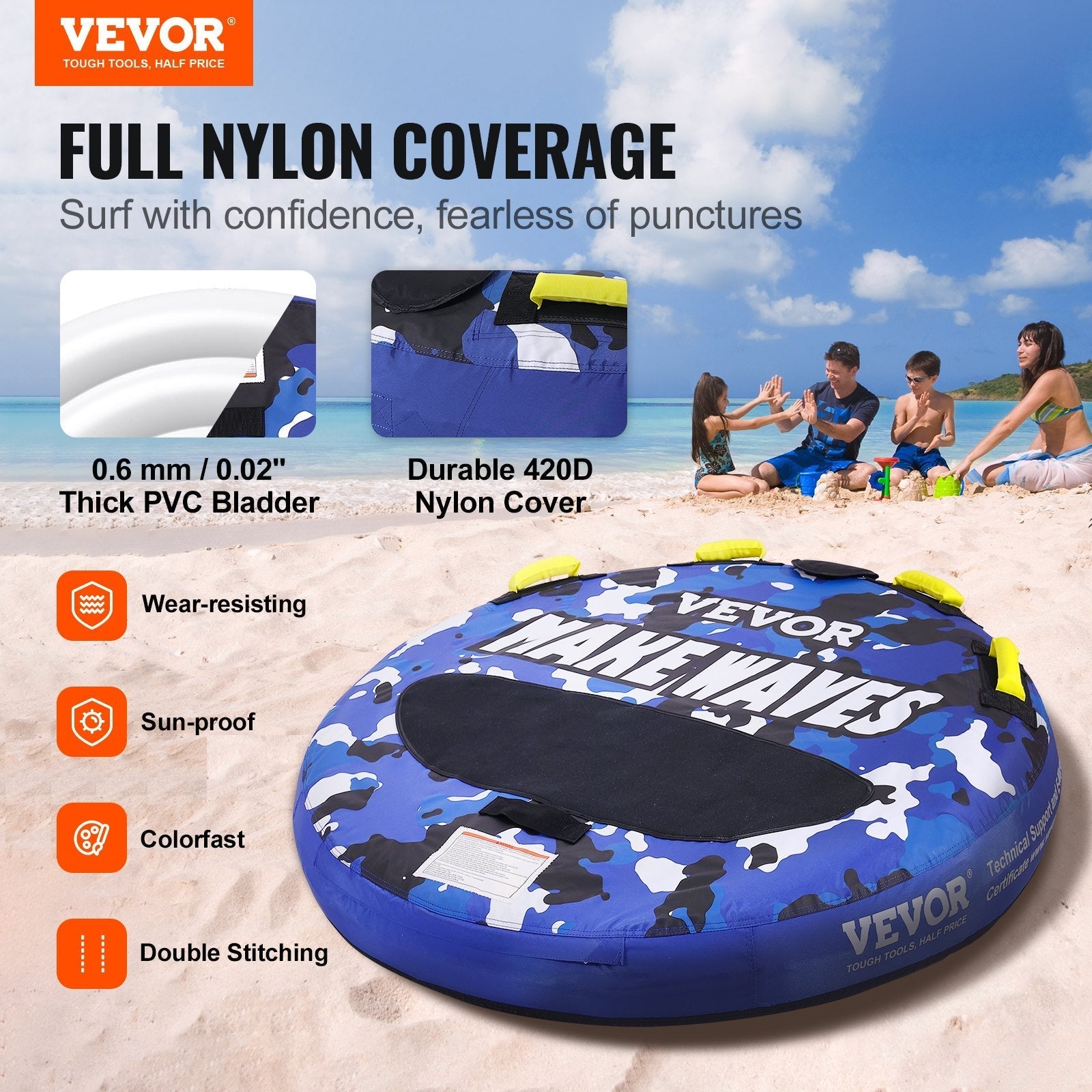 VEVOR Towable Tube for Boating, 1-2 Riders Inflatable Boat Tubes and Towables, 340 lbs, 51.8