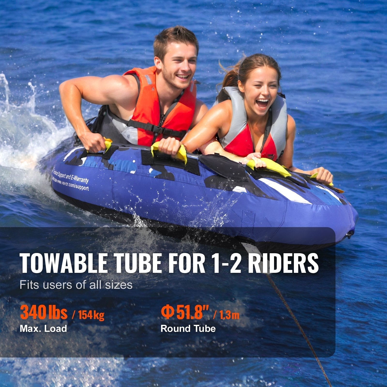 VEVOR Towable Tube for Boating, 1-2 Riders Inflatable Boat Tubes and Towables, 340 lbs, 51.8
