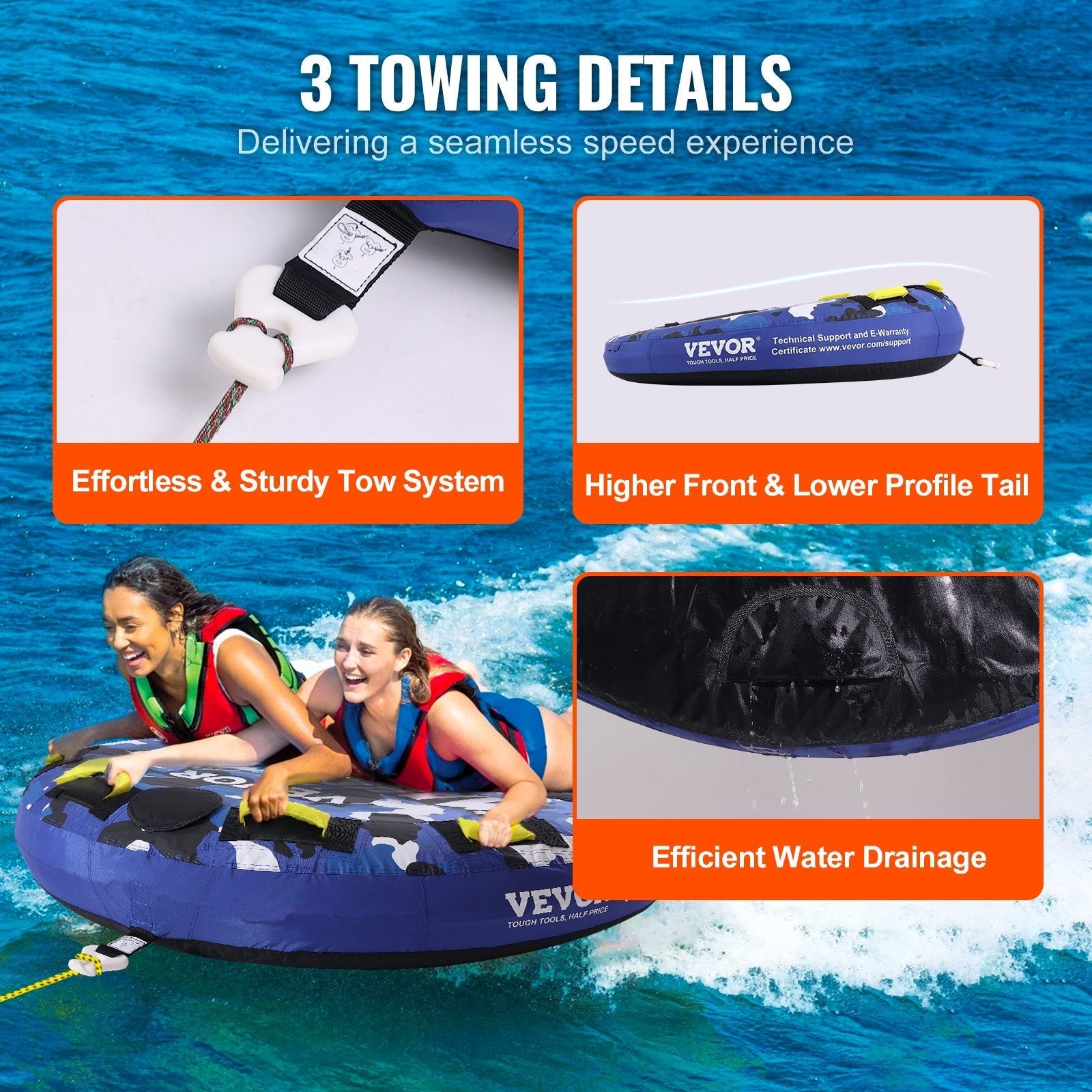 VEVOR Towable Tube for Boating, 1-2 Riders Inflatable Boat Tubes and Towables, 340 lbs, 51.8