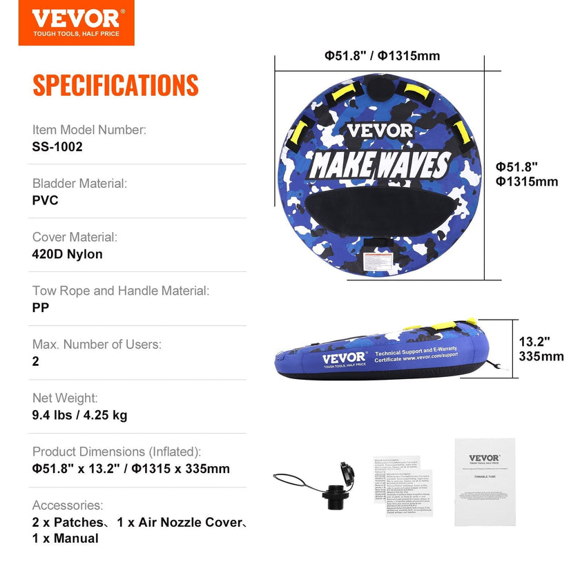 VEVOR Towable Tube for Boating, 1-2 Riders Inflatable Boat Tubes and Towables, 340 lbs, 51.8