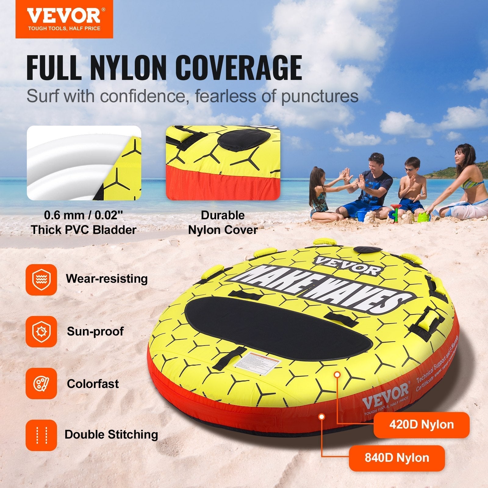 VEVOR Towable Tube for Boating, 1-3 Riders Inflatable Boat Tubes and Towables, 510 lbs, 63