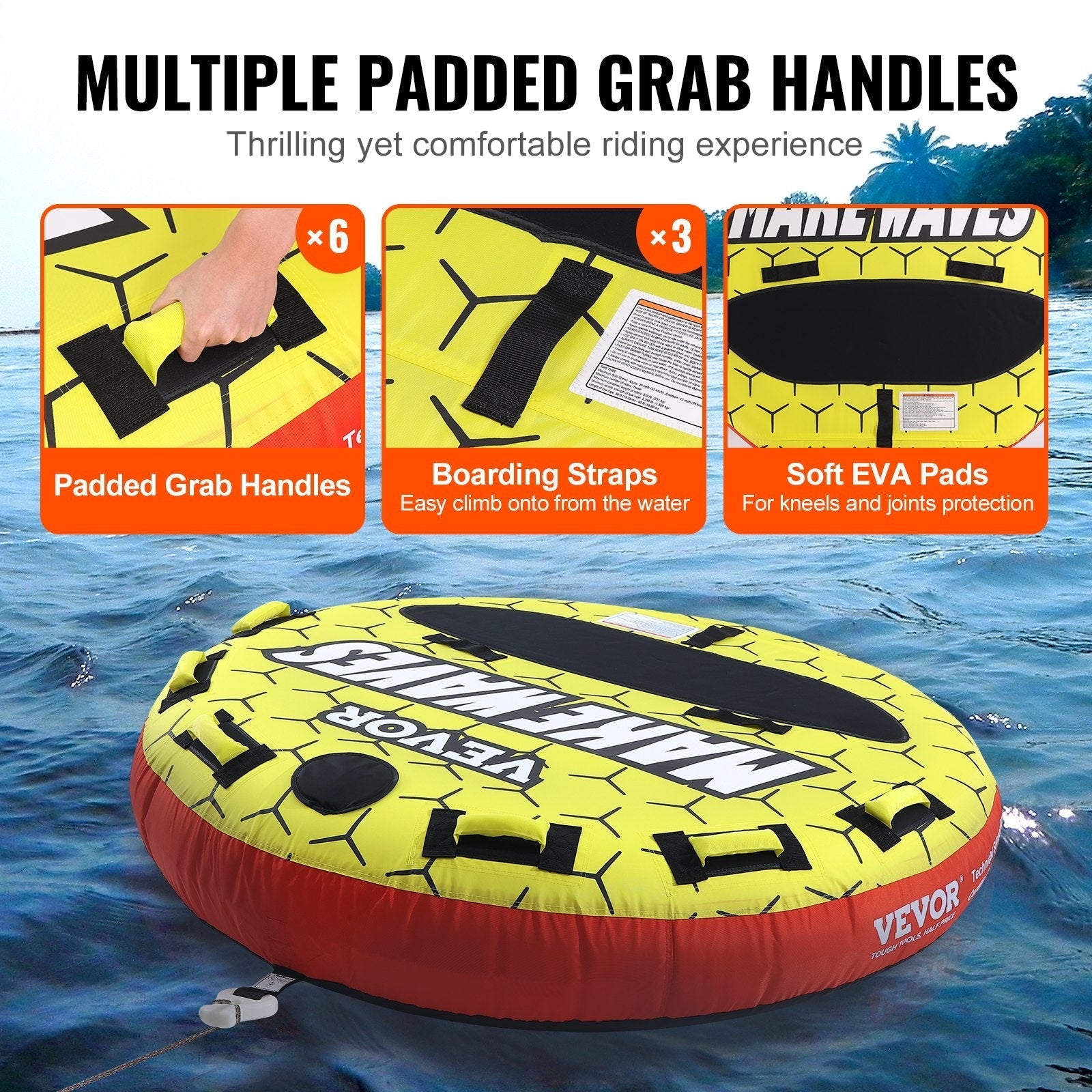VEVOR Towable Tube for Boating, 1-3 Riders Inflatable Boat Tubes and Towables, 510 lbs, 63