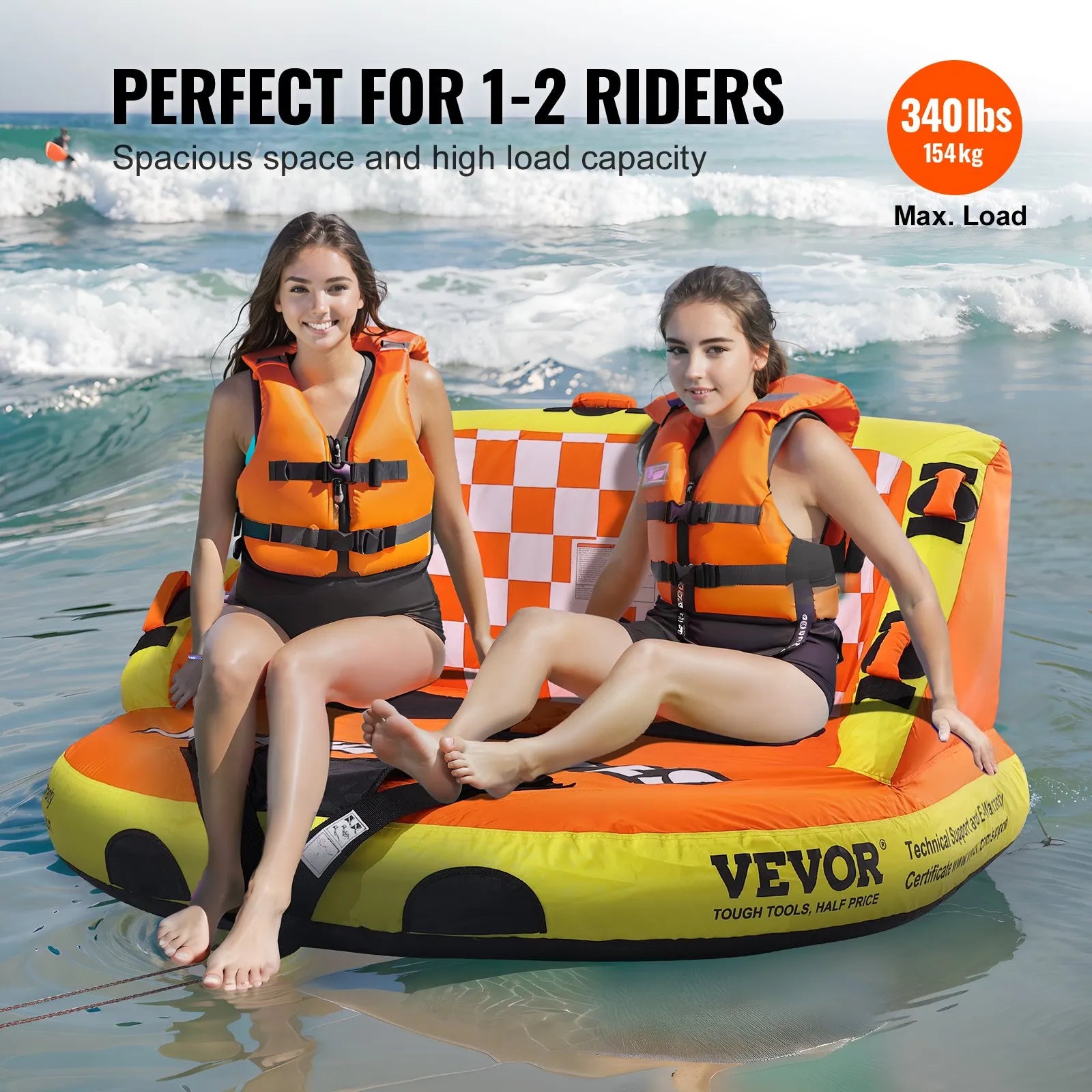 VEVOR Towable Tube for Boating, 1-2 Riders Inflatable Towable Tubes with Deck Seats and Backrest, 340 lbs Water Sport Tube for Boat to Pull, Full Nylon Cover, EVA Grab Handles and Speed Safety Valve