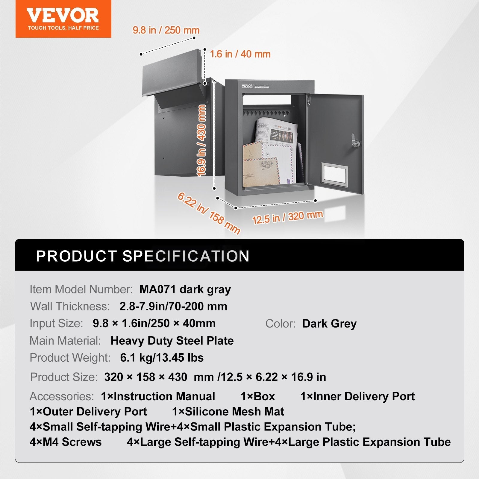 VEVOR Through The Wall Drop Box, Heavy Duty Steel Through the Wall Mailbox with 2.8-7.9