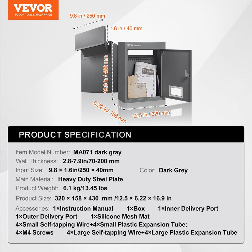 VEVOR Through The Wall Drop Box, Heavy Duty Steel Through the Wall Mailbox with 2.8-7.9